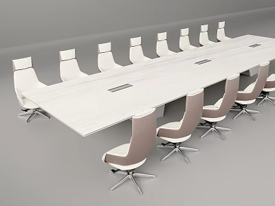 Modern White Conference Table Surrounded by White and Beige Chairs with Metal Legs 3d model