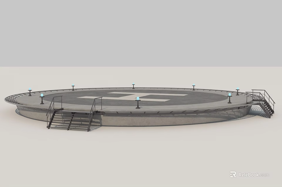 Circular Helipad Platform Design With Stairs Light Poles And Surface Marking 3d model