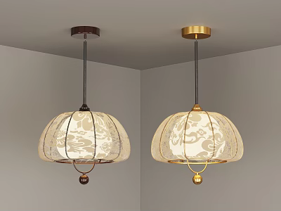 Elegant Pendant Chandelier With Patterned Linen Shade Gold Brown Base Metal Chain And Decorative Ball 3d model