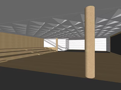 Spacious Shopping Mall Lobby With Geometric Ceiling Design Columns And Staircase 3d model