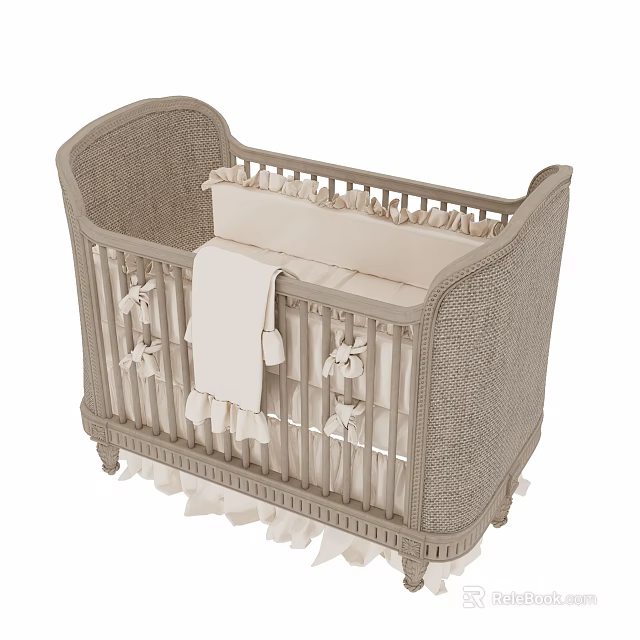 Light Gray Woven Baby Crib With White Mattress And Decorative Side Panels 3d model 
