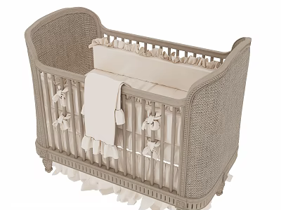 Light Gray Woven Baby Crib With White Mattress And Decorative Side Panels 3d model