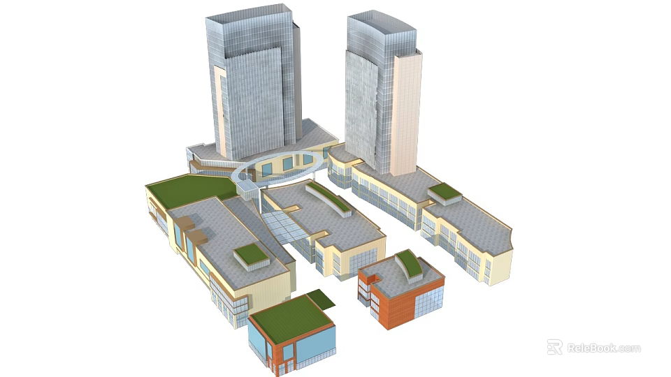 Modern Commercial Complex With Tall Buildings Low Rise Structures And Green Rooftops 3d model