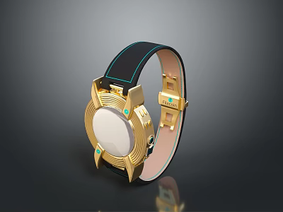 Luxury Golden Watch With White Dial Black Leather Strap And Green Accents 3d model