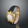 Luxury Golden Watch With White Dial Black Leather Strap And Green Accents