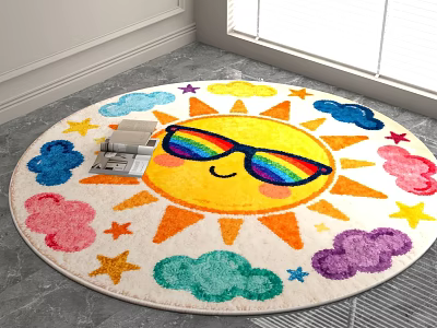 Colorful Round Area Rug With Sun Rainbow Sunglasses Clouds And Stars On Floor 3d model