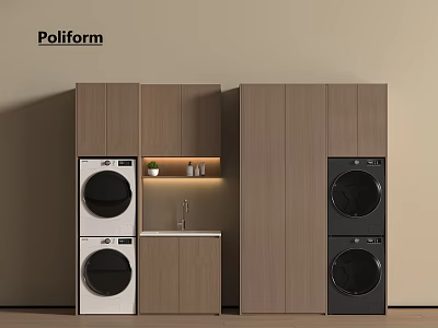 Modern Laundry Room Design With Stacked Washing Machines And Wooden Cabinets 3d model