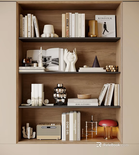 Stylish Decorative Ornament Collection On Wooden Bookshelf With Sculptures Books Geometric Decor And Vintage Radio 3d model 