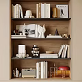 Stylish Decorative Ornament Collection On Wooden Bookshelf With Sculptures Books Geometric Decor And Vintage Radio
