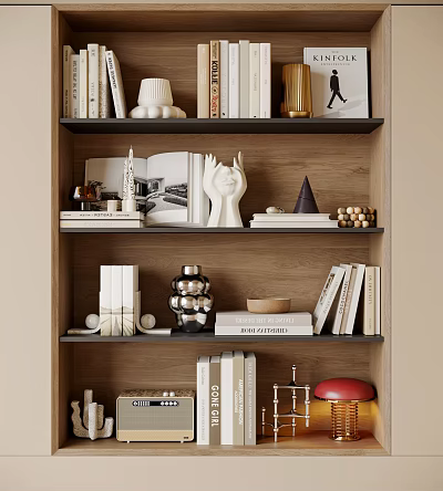 Stylish Decorative Ornament Collection On Wooden Bookshelf With Sculptures Books Geometric Decor And Vintage Radio 3d model