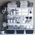 Organized Bathroom Accessories on Pegboard Shelf with Towels Jars Brushes and Cups