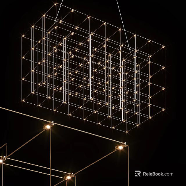 Modern Cubic Chandelier With Metallic Lines And Light Points Against Black Background 3d model 