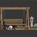 Outdoor Garden Decor With Wooden Swing Plant Pots Lantern And Crates