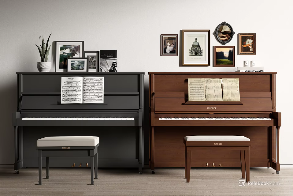 Elegant Black and Brown Pianos Interior with Framed Wall Artworks and Sheet Music 3d model 