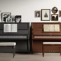 Elegant Black and Brown Pianos Interior with Framed Wall Artworks and Sheet Music
