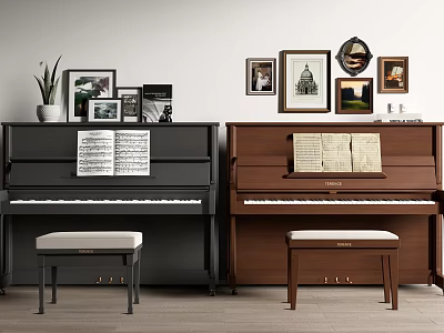 Elegant Black and Brown Pianos Interior with Framed Wall Artworks and Sheet Music 3d model