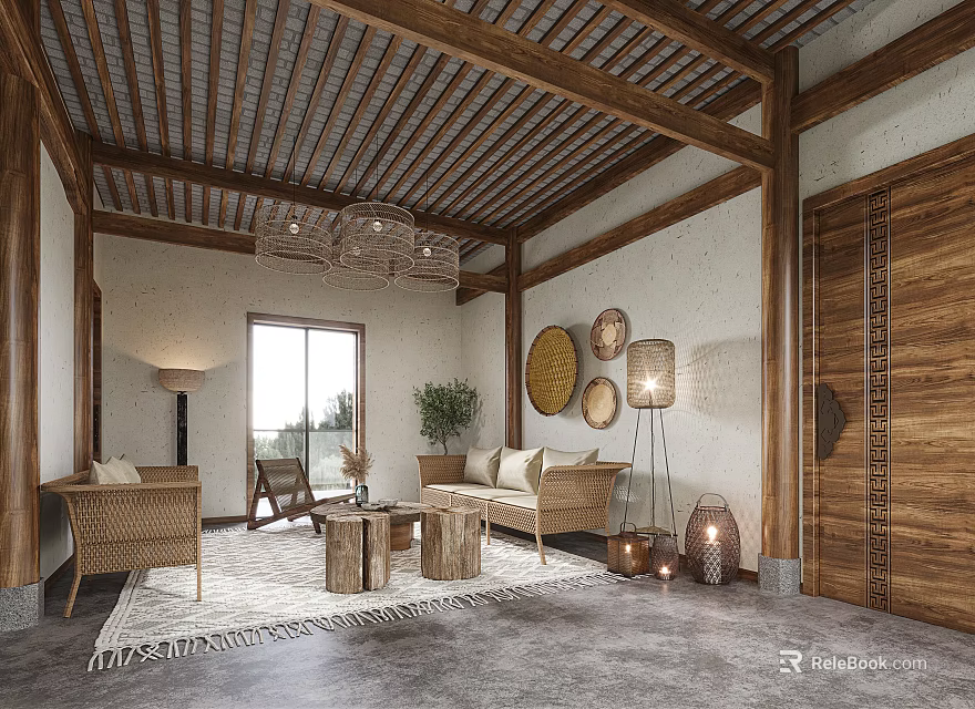 Traditional Chinese Living Room Interior With Wooden Ceiling Rattan Chandelier And Fabric Sofa 3d model 