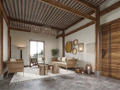 Traditional Chinese Living Room Interior With Wooden Ceiling Rattan Chandelier And Fabric Sofa 3d model