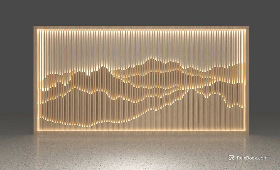 Modern Wooden Screen With Wavy Carved Pattern And Illuminated Interior Design 3d model 