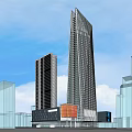 Modern Commercial Complex With Glass Facade And Large Digital Billboard Near High Rises