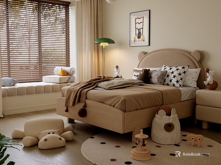Cute Beige Kids' Bed with Bear Headboard Stuffed Toys Rug and Window Blinds 3d model 