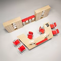 Modern Office Desk Setup With Wooden Cabinets Red Chairs And Computer Monitors 3d model