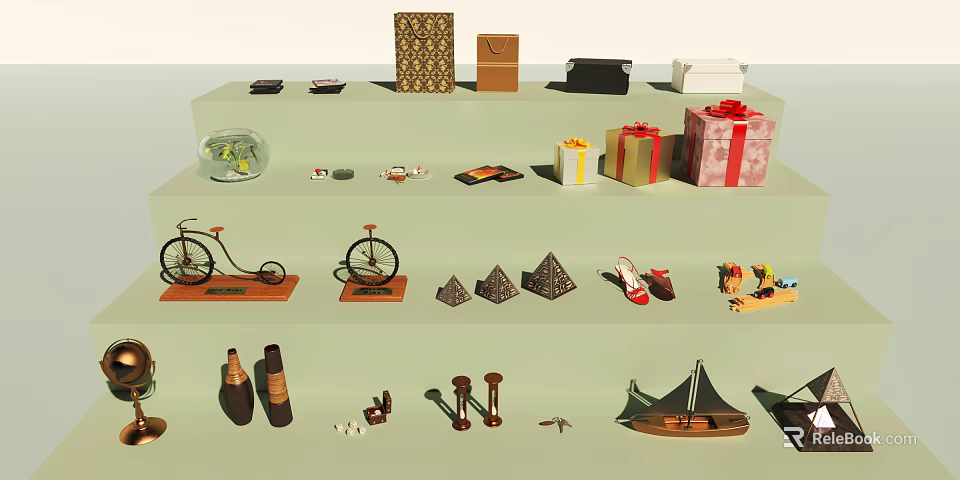 Smart Machine Showcasing Various Models Gift Boxes Bicycle Pyramid And Boat Models 3d model 
