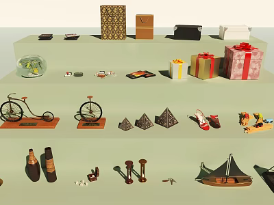 Smart Machine Showcasing Various Models Gift Boxes Bicycle Pyramid And Boat Models 3d model