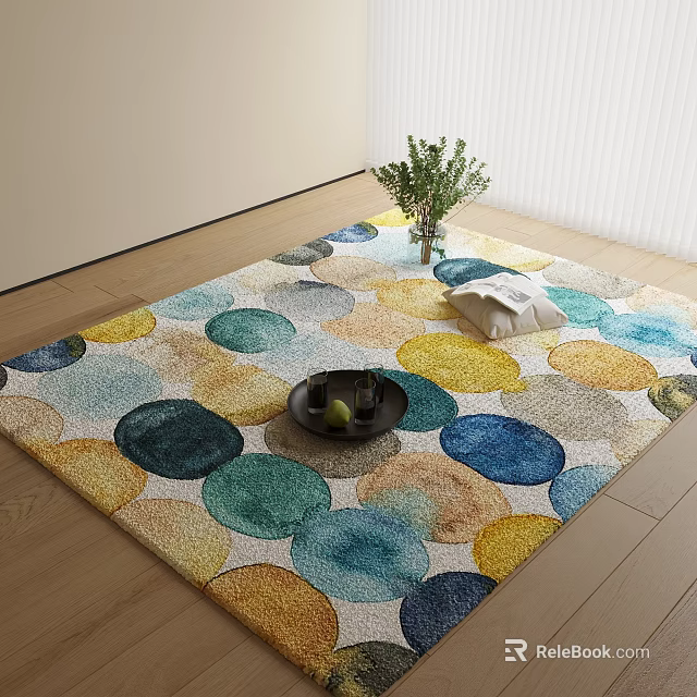 Colorful Square Rug With Circular Patterns Black Tray Fruit And Green Plant On Wooden Floor 3d model 