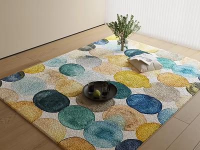 Colorful Square Rug With Circular Patterns Black Tray Fruit And Green Plant On Wooden Floor 3d model