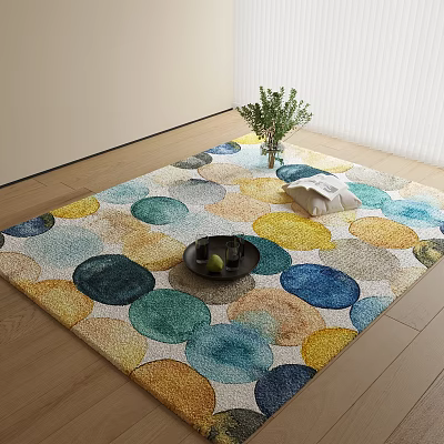 Colorful Square Rug With Circular Patterns Black Tray Fruit And Green Plant On Wooden Floor 3d model