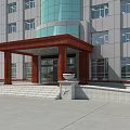 Gray Building Exterior Wall With Glass Curtain Wall Red Entrance Canopy Steps And Flower Pots
