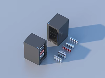 Refreshing Beverages in Small Silver and Red Cans with Two Black Cube Containers 3d model