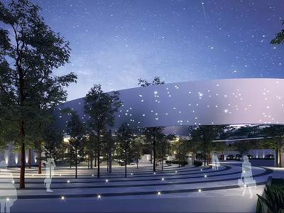 Modern Sales Office Exterior Night View With Surrounding Trees And Ground Lighting 3d model