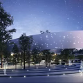 Modern Sales Office Exterior Night View With Surrounding Trees And Ground Lighting
