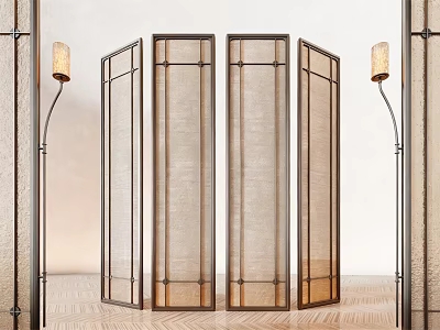 Modern Room Divider Screen With Metal Frame Fabric Panels And Floor Lamps 3d model
