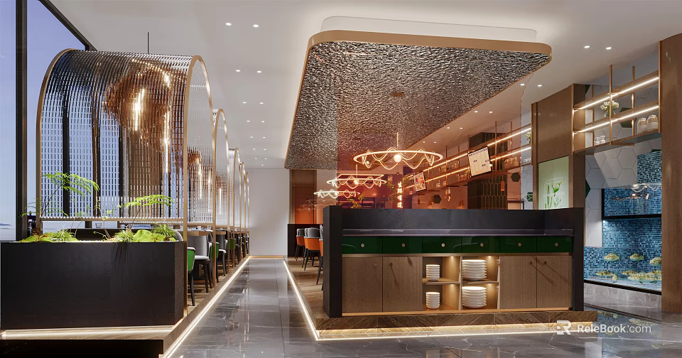 Modern Restaurant Interior Design With Ornate Ceiling Counter Chandelier And Green Plants 3d model 