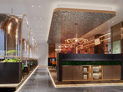 Modern Restaurant Interior Design With Ornate Ceiling Counter Chandelier And Green Plants 3d model
