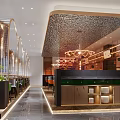 Modern Restaurant Interior Design With Ornate Ceiling Counter Chandelier And Green Plants