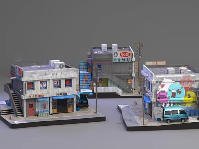 Detailed Miniature Building Models of Street Storefronts With Signs and Vehicles 3d model