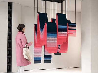 Fashion Clothing Store Featuring Colorful Hanging Decor And Female Shopper In Pink Coat With Handbag 3d model