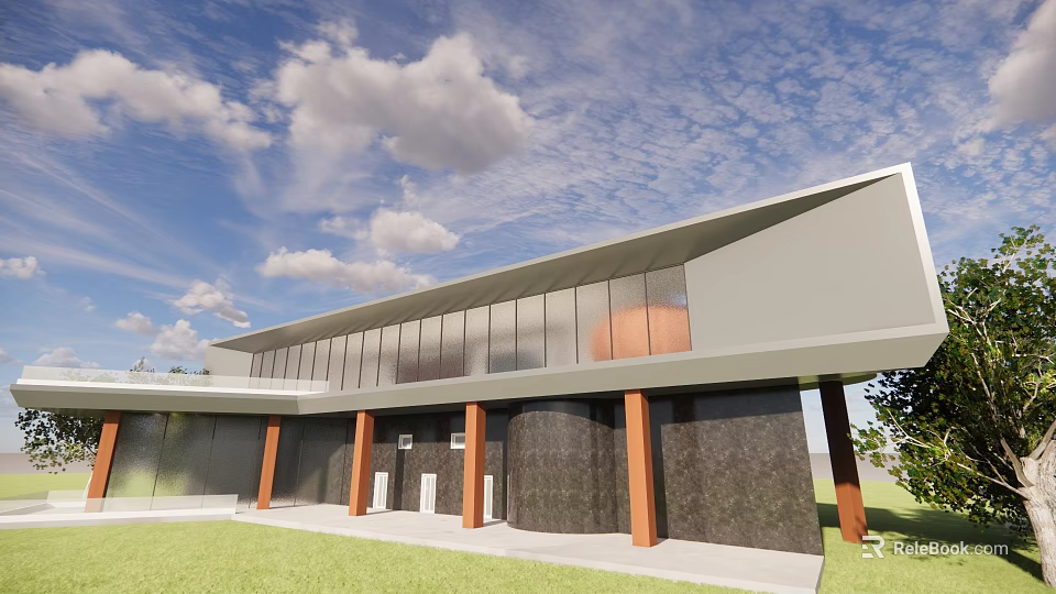 Modern Visitor Center With Large Glass Windows Wooden Columns Green Lawn Blue Sky Clouds 3d model 