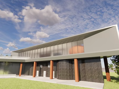 Modern Visitor Center With Large Glass Windows Wooden Columns Green Lawn Blue Sky Clouds 3d model