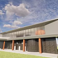 Modern Visitor Center With Large Glass Windows Wooden Columns Green Lawn Blue Sky Clouds