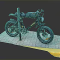 Classic Black Motorcycle With Thick Tires Parked Near Wooden Post On Brick Platform