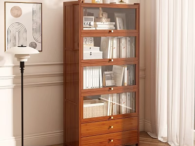 Wooden Bookcase with Glass Doors Books Decorations and Drawers in Modern Interior 3d model
