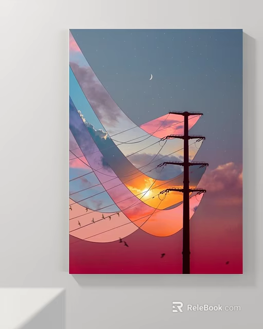 Landscape Painting With Telephone Pole Power Lines Pink Sunset Sky Clouds Moon And Flying Birds 3d model 
