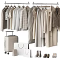Minimalist Hanging Clothes In Neutral Tones With Various Styles And Storage Accessories