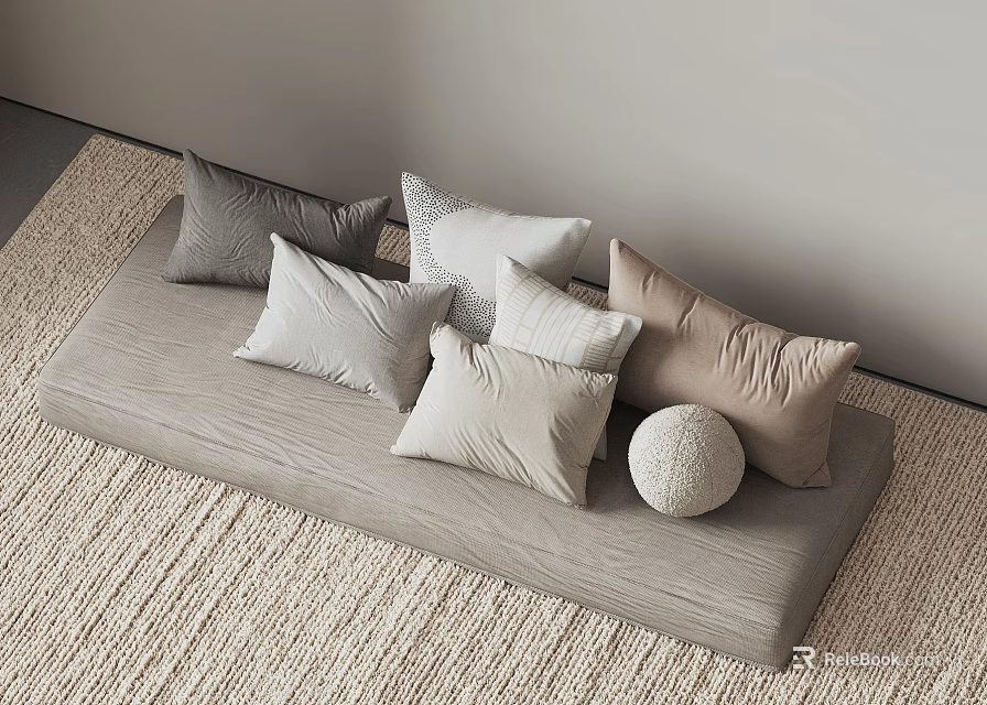 Cozy Neutral Tones Decorative Pillows On Gray Cushion With Round Textured Ball 3d model 
