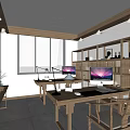 Traditional Office Interior With Wooden Bookshelves Desks Computers And Large Windows City View